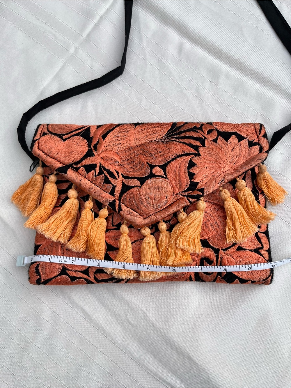 Handmade Mexican Embroidered Floral Tassel Crossbody Bag - Orange/Black